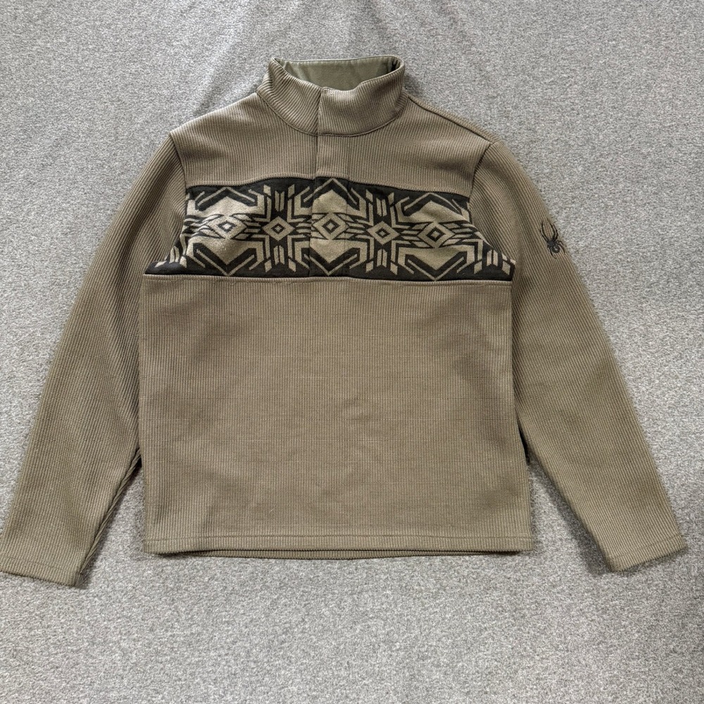 Spyder Core Sweater Mens Large Green Excellent Snap Mock Neck Geometric Knit